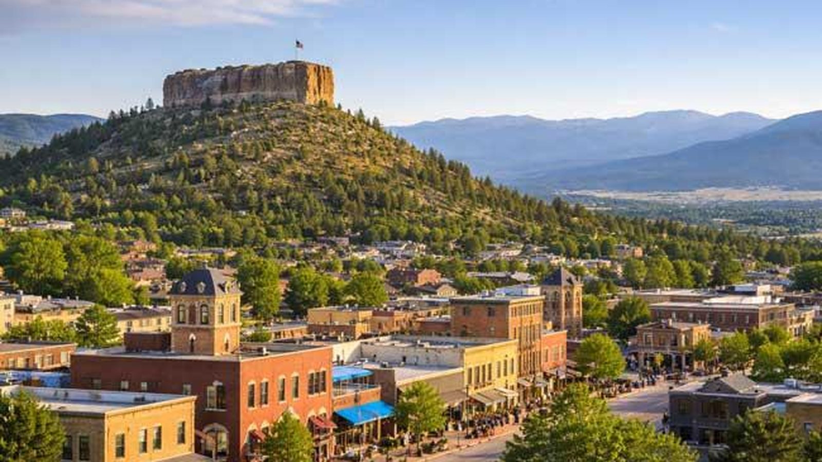 Downtown Castle Rock, Colorado below the Castle Rock butte at golden hour