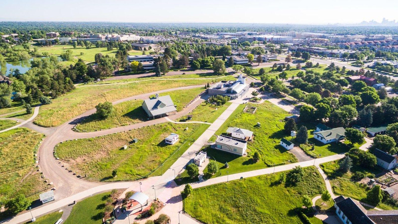 Aerial view of open space, paths and buildings in Lakewood, Colorado
