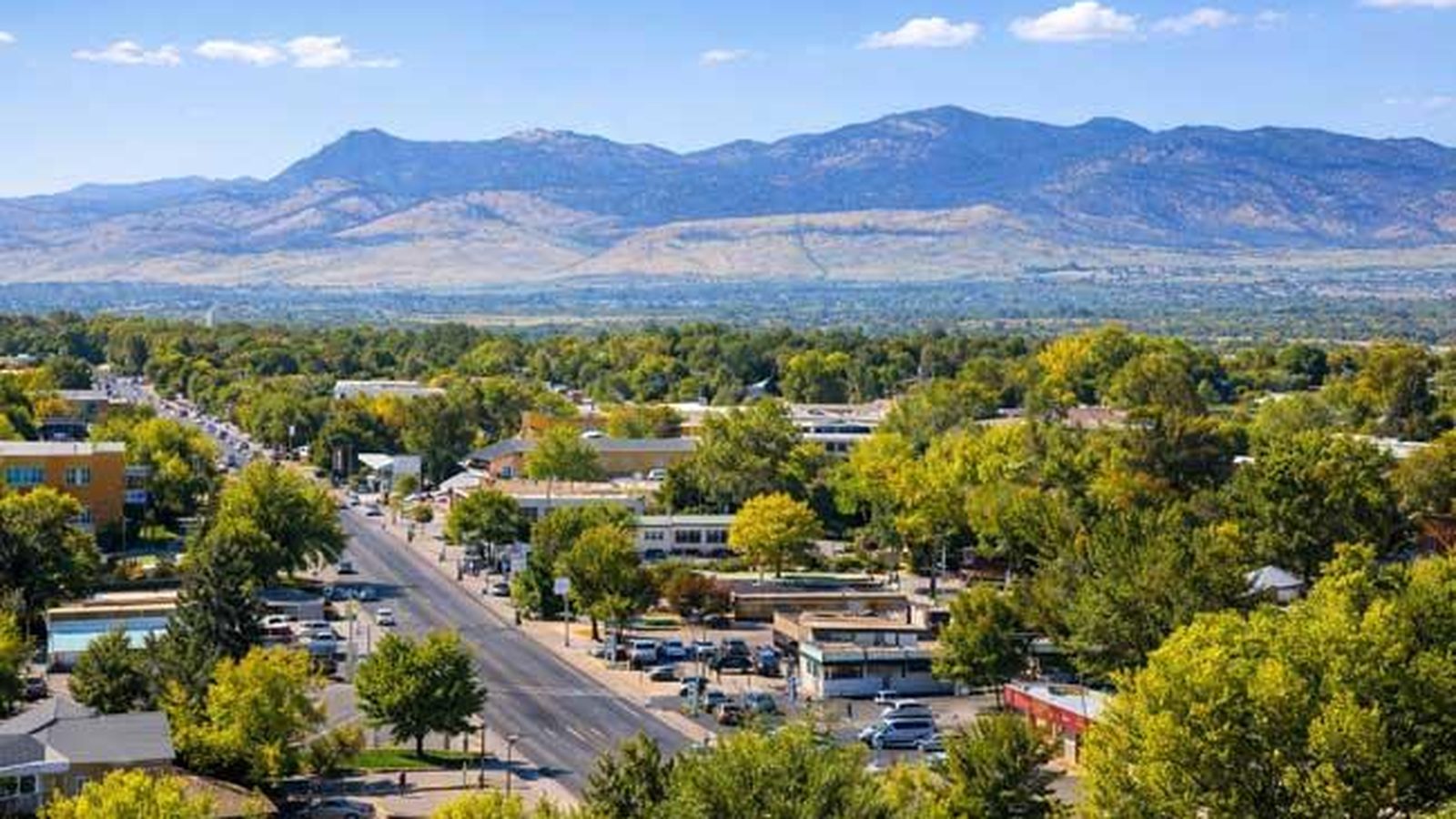 A tree-lined street in Erie, Colorado with the foothills behind