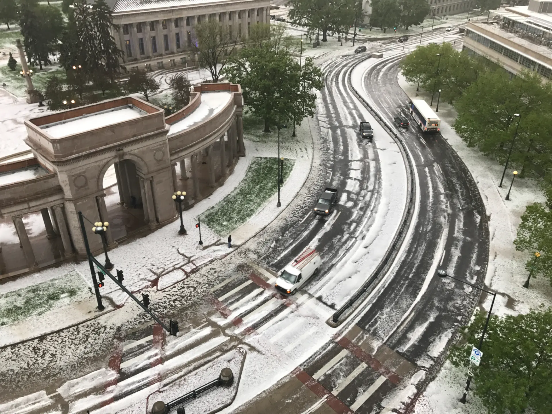 Hail covering the streets of downtown Denver after a Front Range hail storm
