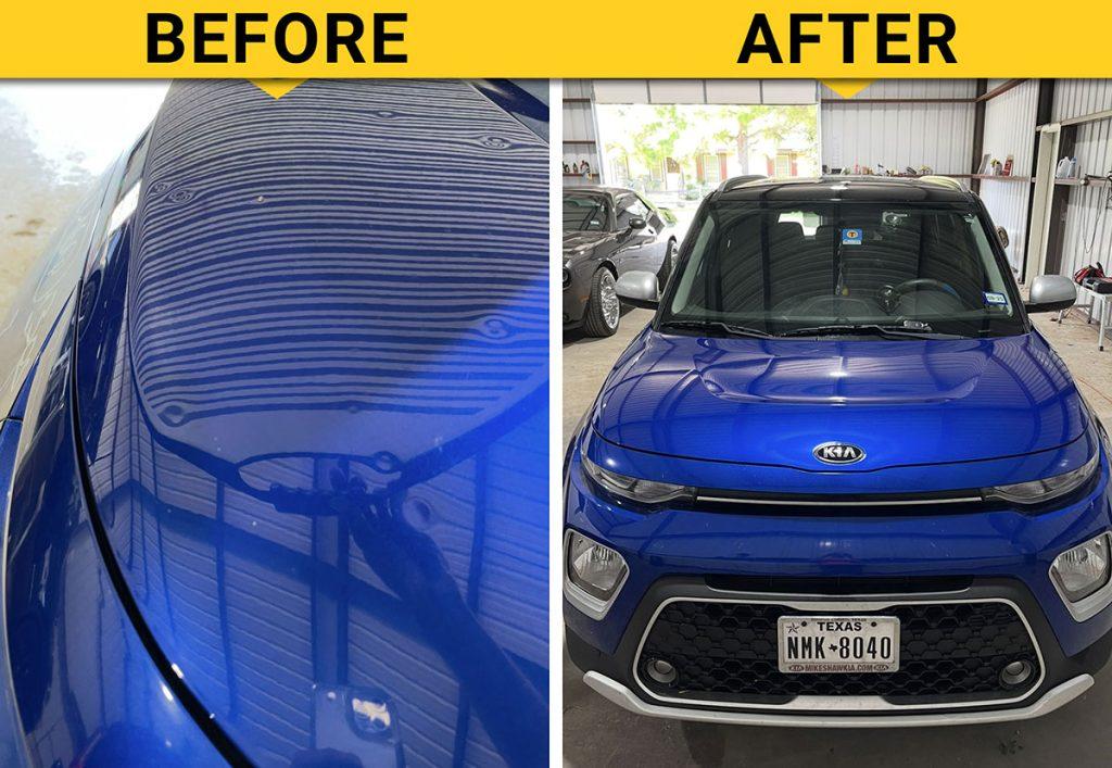 Before and after paintless dent repair on a red quarter panel
