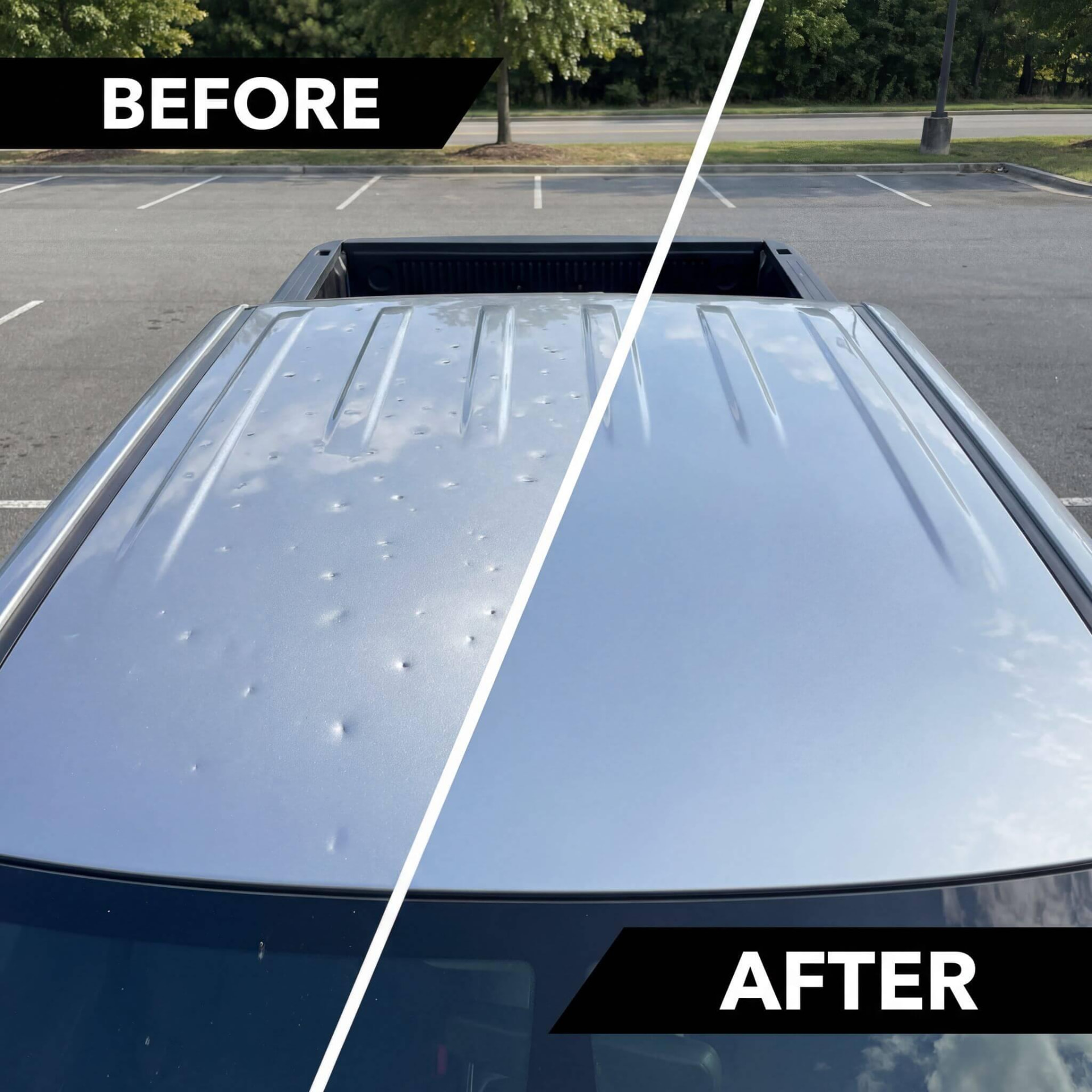 Hail dents across a silver hood documented before paintless repair