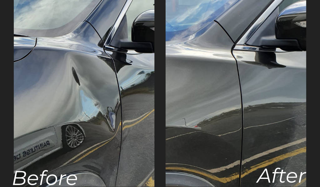 Long crease dent running along the body line of a dark blue vehicle door