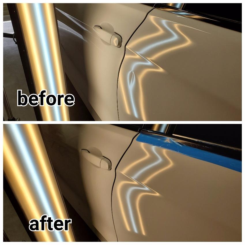 Aurora small dent repair on a cream door panel, before and after