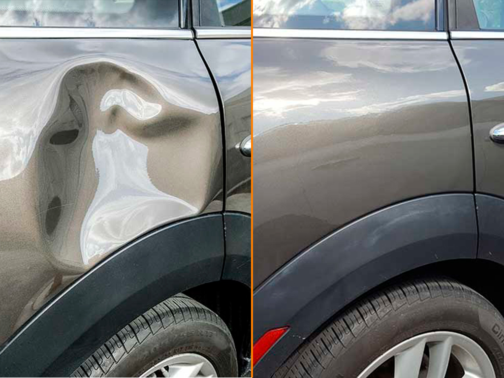 Grey panel dent repaired with paintless dent repair in Denver, before and after