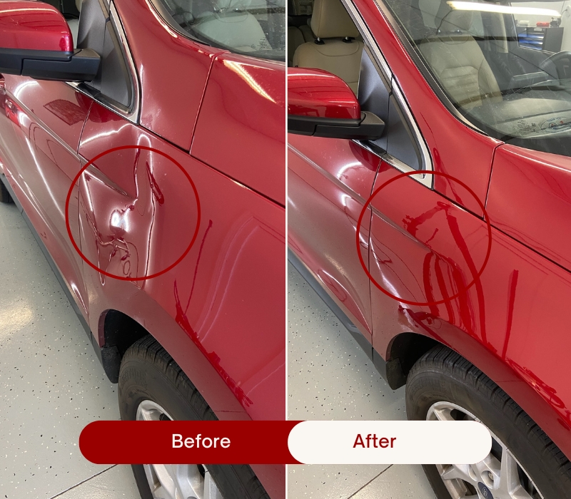 Large dent mapped out on the rear quarter panel of a vehicle