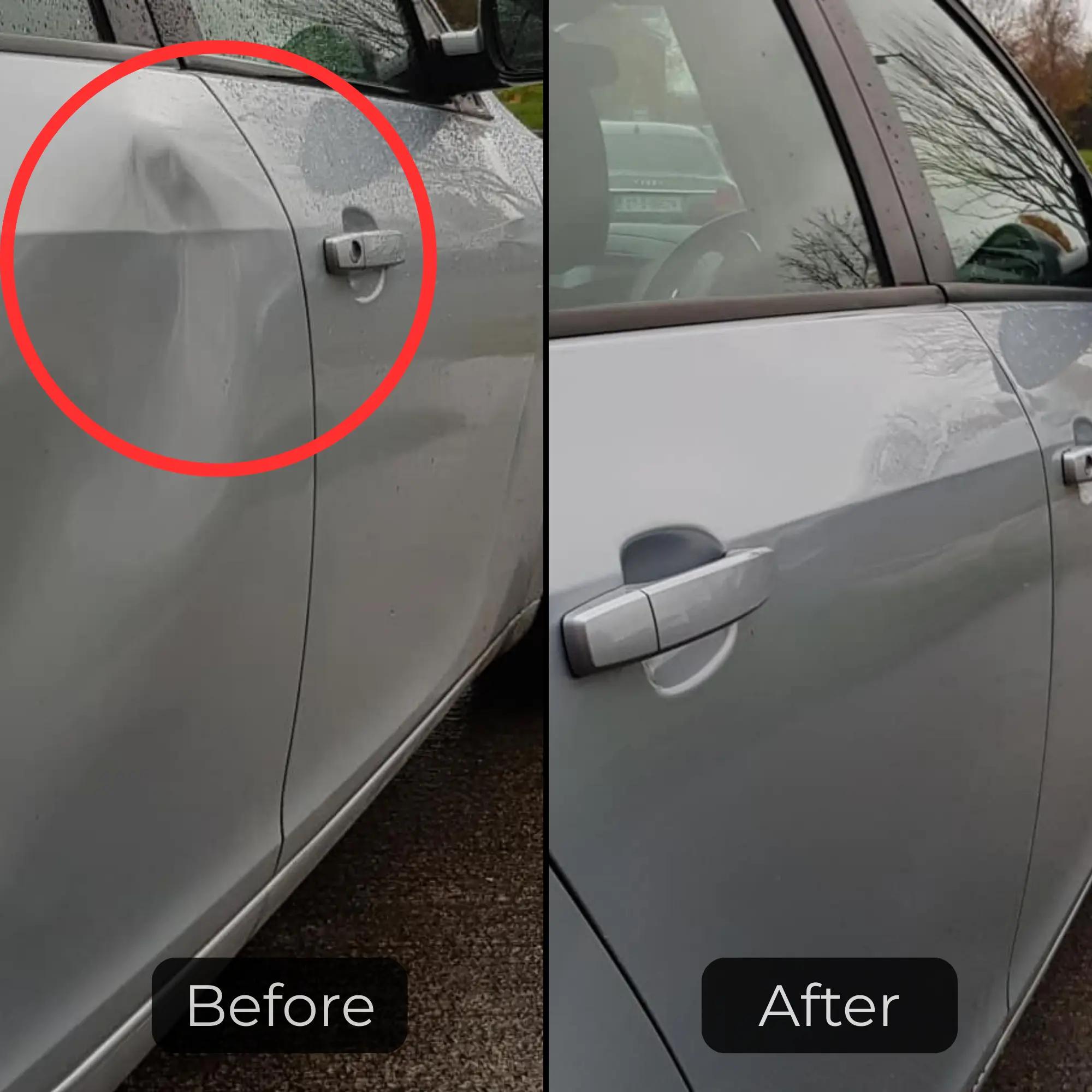Isolated parking-lot door ding below the handle on a grey vehicle door