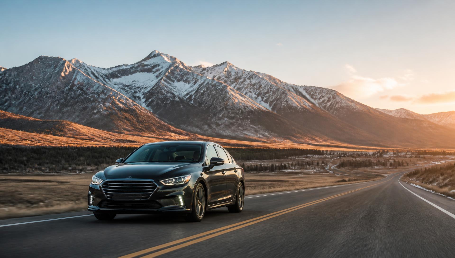 Car driving a Colorado highway with the snow capped Front Range behind it