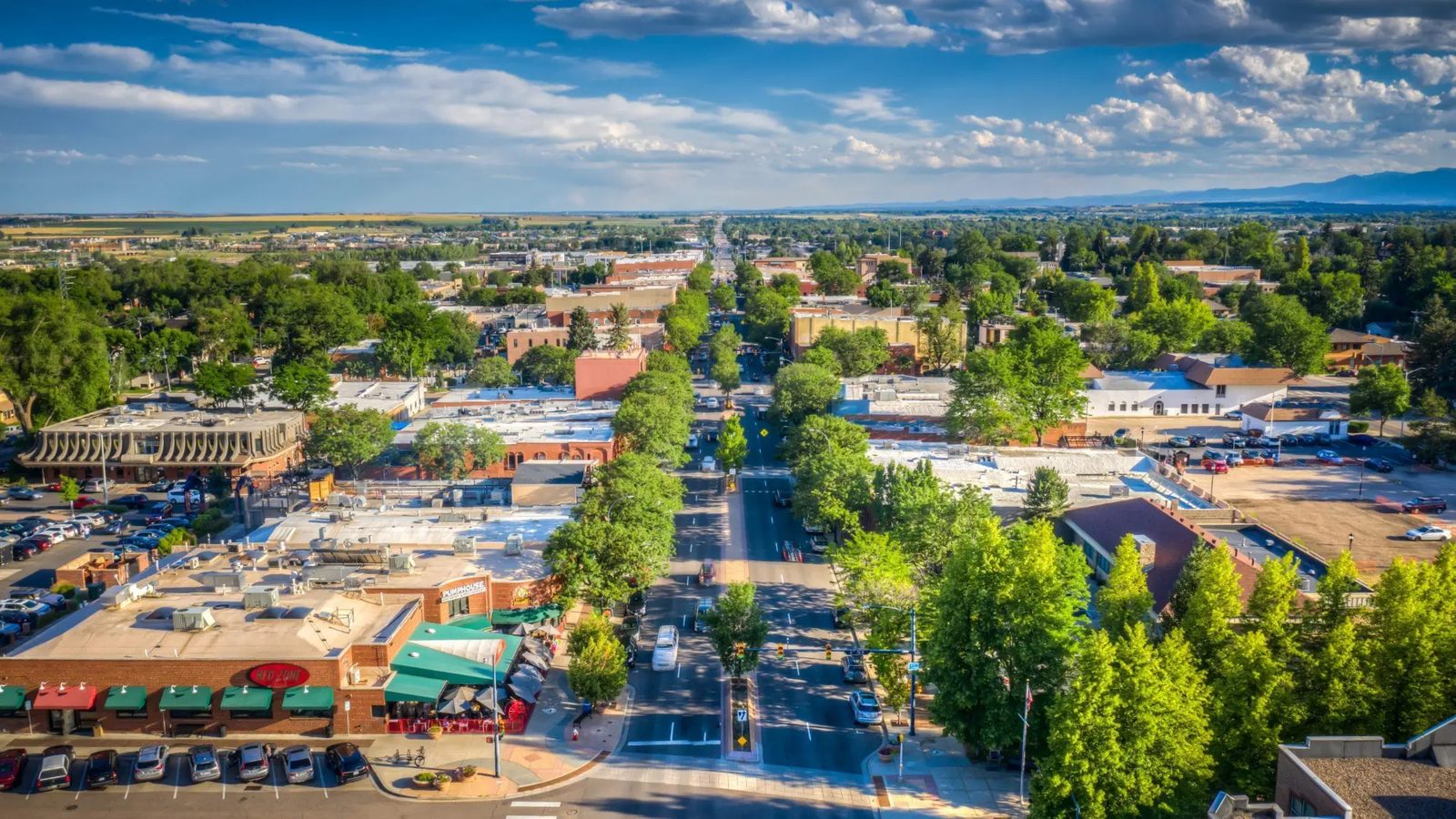 Aerial view of Main Street in downtown Longmont, Colorado