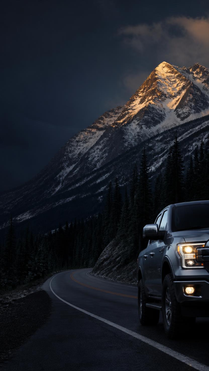 Car driving a Colorado highway with the snow capped Front Range behind it