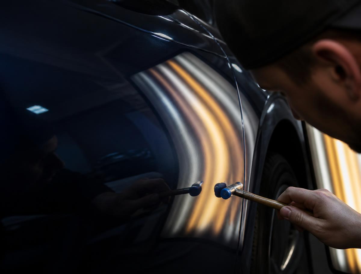 Paintless dent repair tool refining a panel